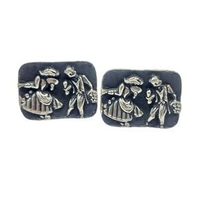 Retro Dancing Couple Cufflinks Silver Tone Black Enamel Figural Dancers Jewelry